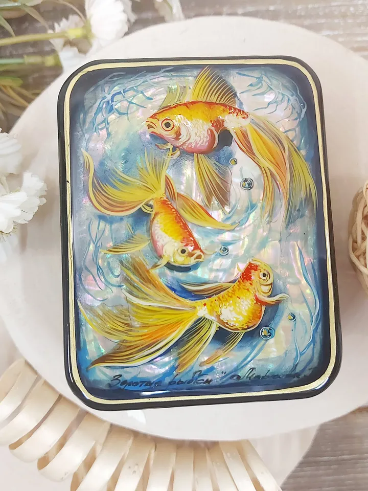 Beautiful Russian Lacquer Box "Fishes",Fedoskino miniature Hand painted ,box for jewelry Mother of pearl, Art gift