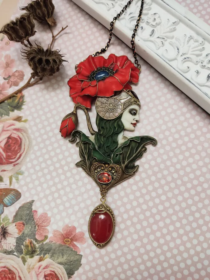 Red Poppy necklace, Art Nouveau Romantic Flower, Jewelry Nature Pendant, Poppy