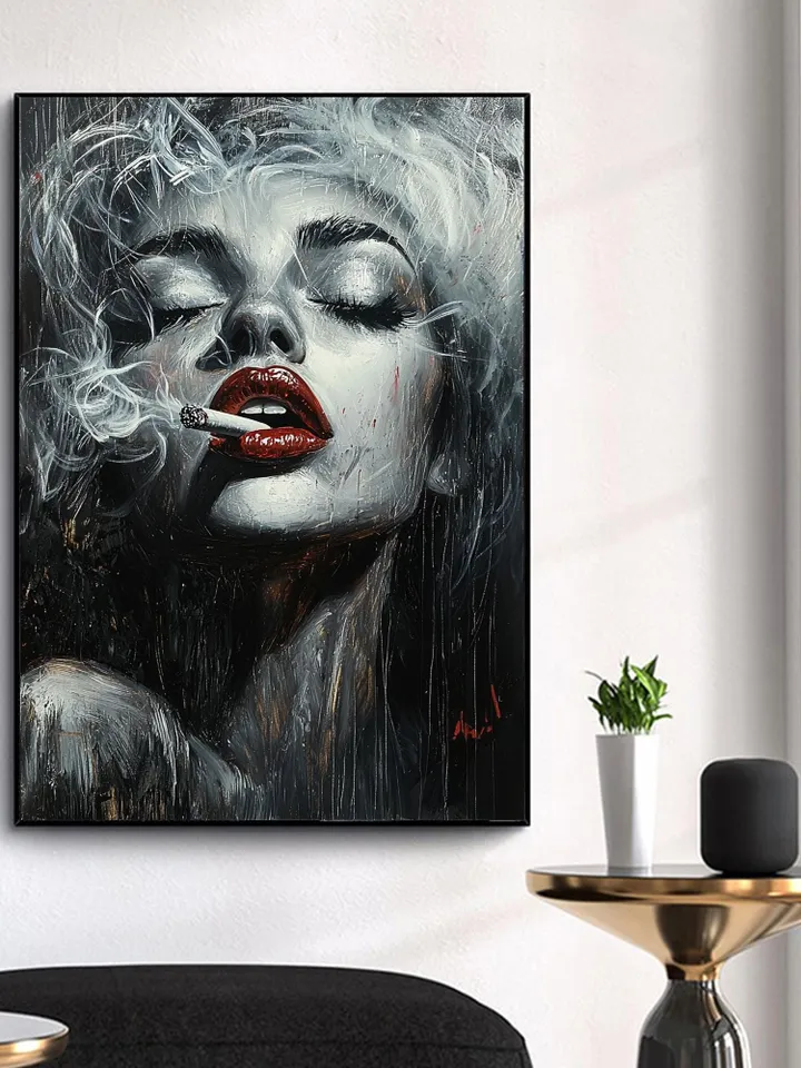Smoking Woman Painting, Black and White Wall Art, Red Lips Art, Sensual Woman Portrait, Canvas Art, Large Wall Decor, Original Oil Painting