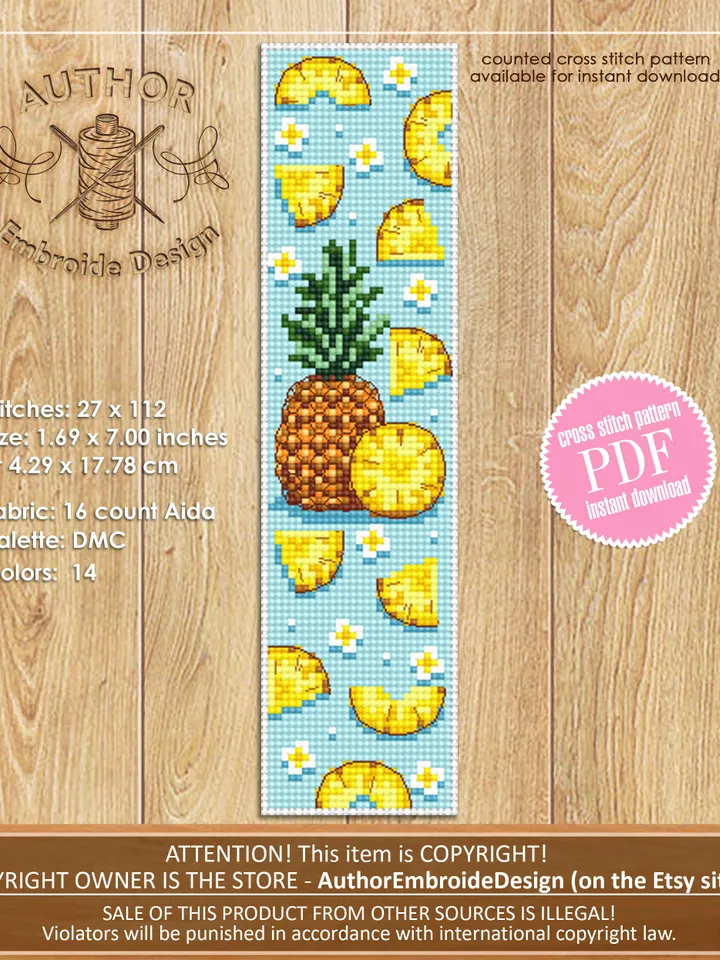 Bookmark set cross stitch pattern download PDF Handmade bookmark pattern digital PDF, Tropical fruit cross stitch Pineapple, Grapevine #B147