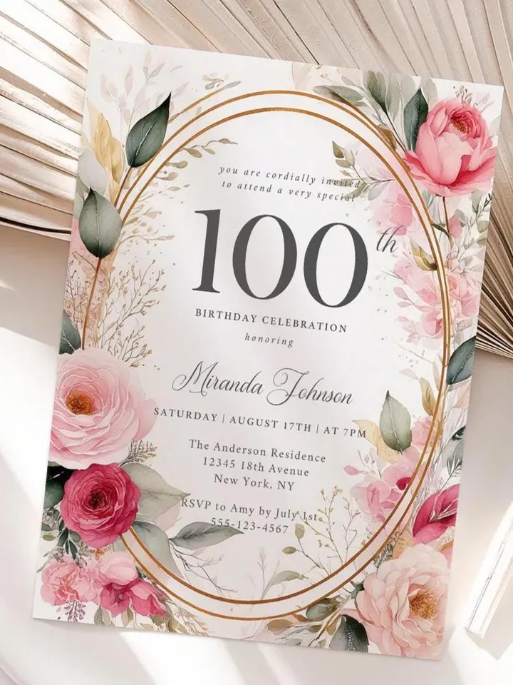100th Birthday Invitation for Women – Blush Pink & Gold Floral, Elegant Printable Party Invite for Grandma or Mom, Digital Canva Template