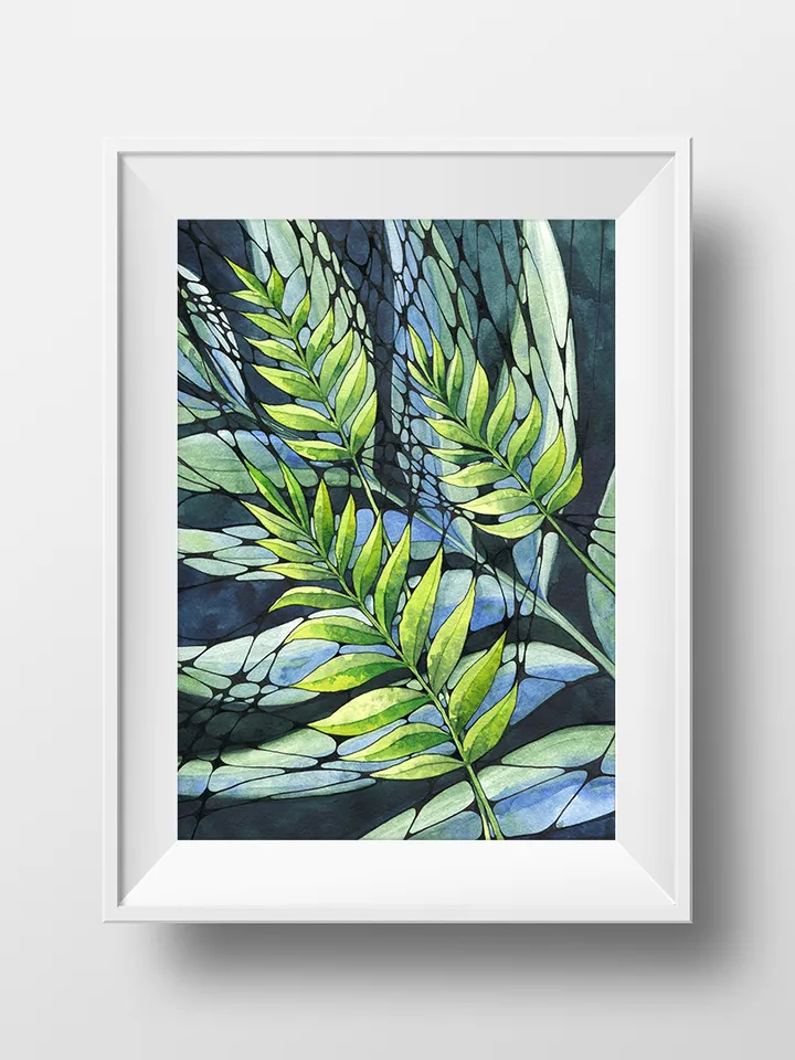 Watercolor poster with abstract leaves , Watercolor digital file JPEG, Printable, Blue-green painting, Art print, Graphics