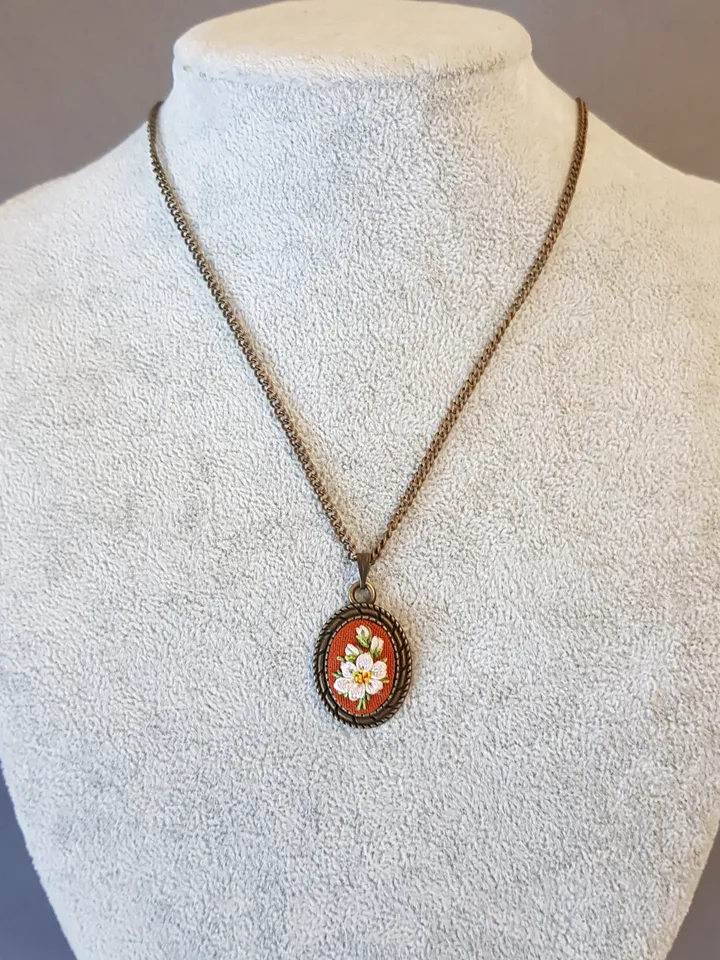 Ribbon embroidered pendant for her, handmade jewelry embroidery