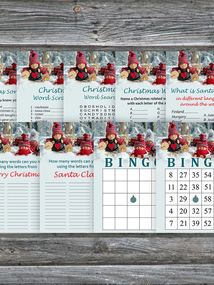 Christmas party games bundle,Printable Christmas Party Game Pack,Christmas gnomes Christmas Trivia Game Cards
