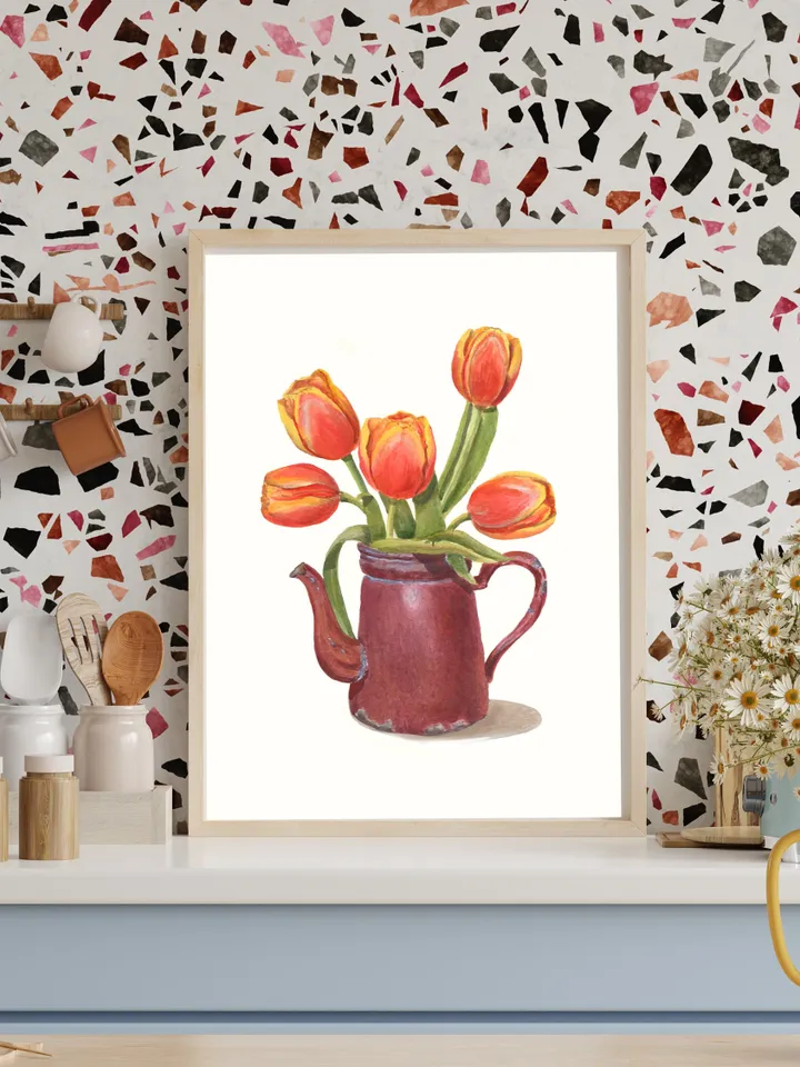 Tulip Painting Watercolor Vintage Still Life Painting Tea Lovers Watercolor Print Floral Tulip Wall Art Farmhouse Painting Red Floral Art t