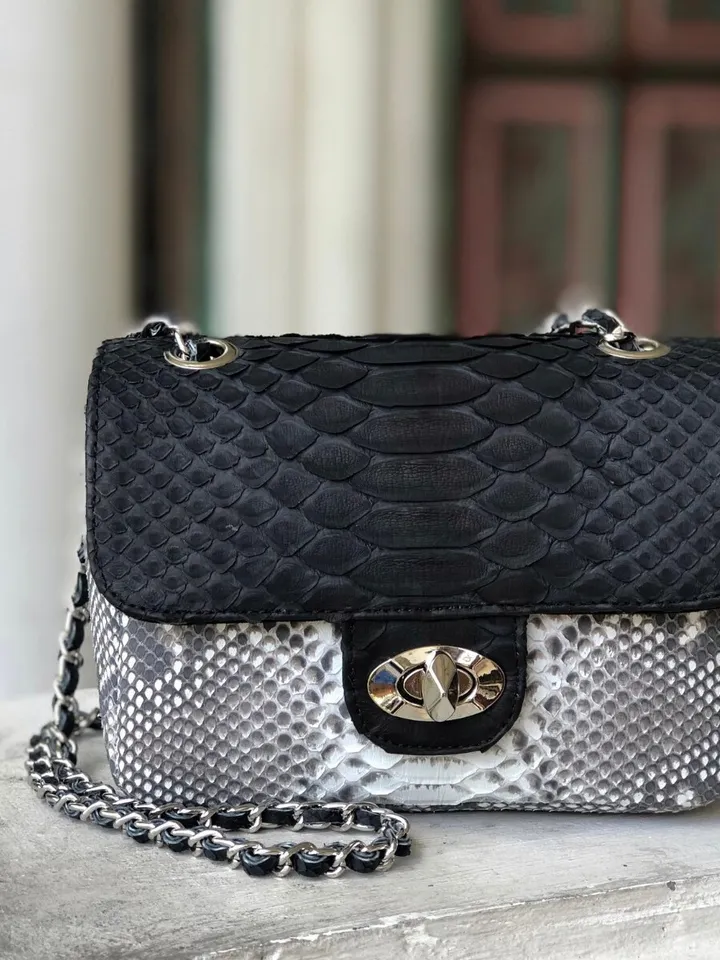 Genuine Python Skin Crossbody Colorblock Black and gray bag | Adjustable Chain Classy Elegant snake Small Lady Summer Bag | Python Purse