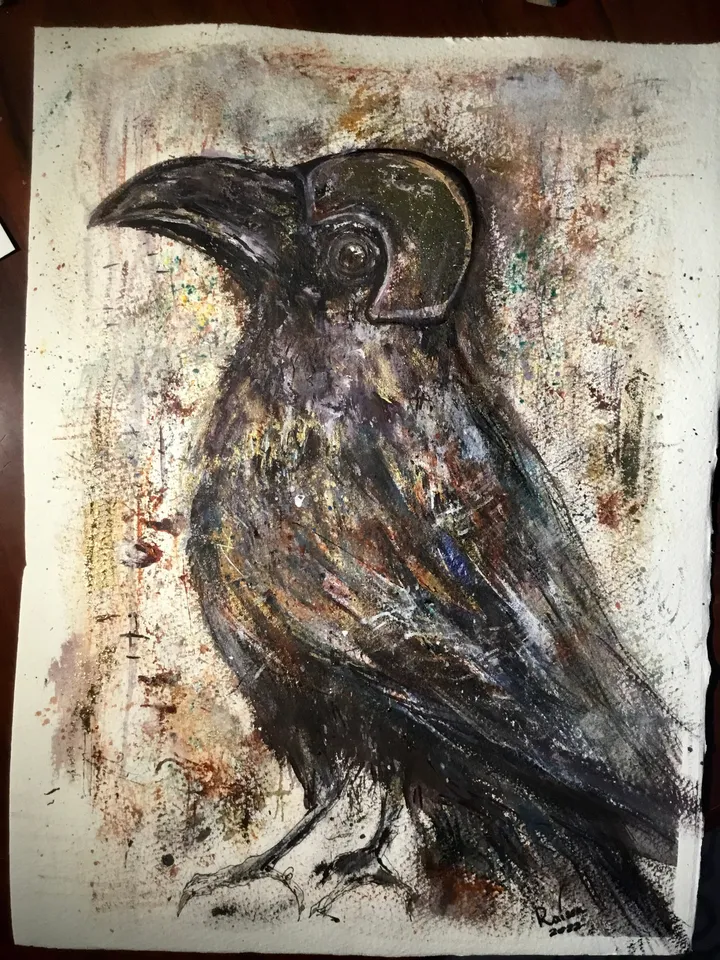 Fashion crow painting,funny crow modern mix media painting,original watercolour mix media artwork on watercolour paper,funny birds painting.