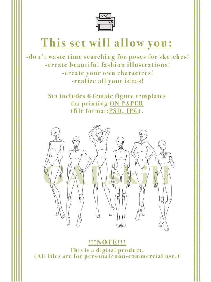 Templates, Body poses of female figure, set "Front view 2"