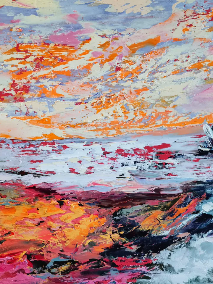 Boat Mountain Trees Flowers Sunset Original Art Oil Painting Artist Svinar Oksana