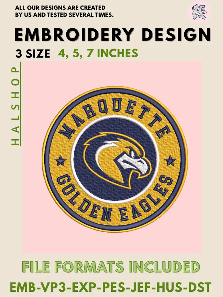 NCAA Marquette Golden Eagles Embroidery Design, Round College Team Logo Files, Machine Embroidery Digital File