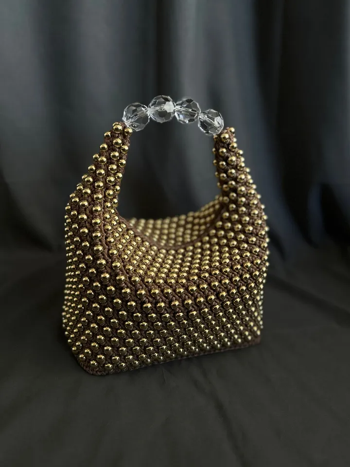 Womens crochet handbag with gold beads, luxury gold bag, vegan crossbody, top handle, small purse, gift for mother, shoulder bag