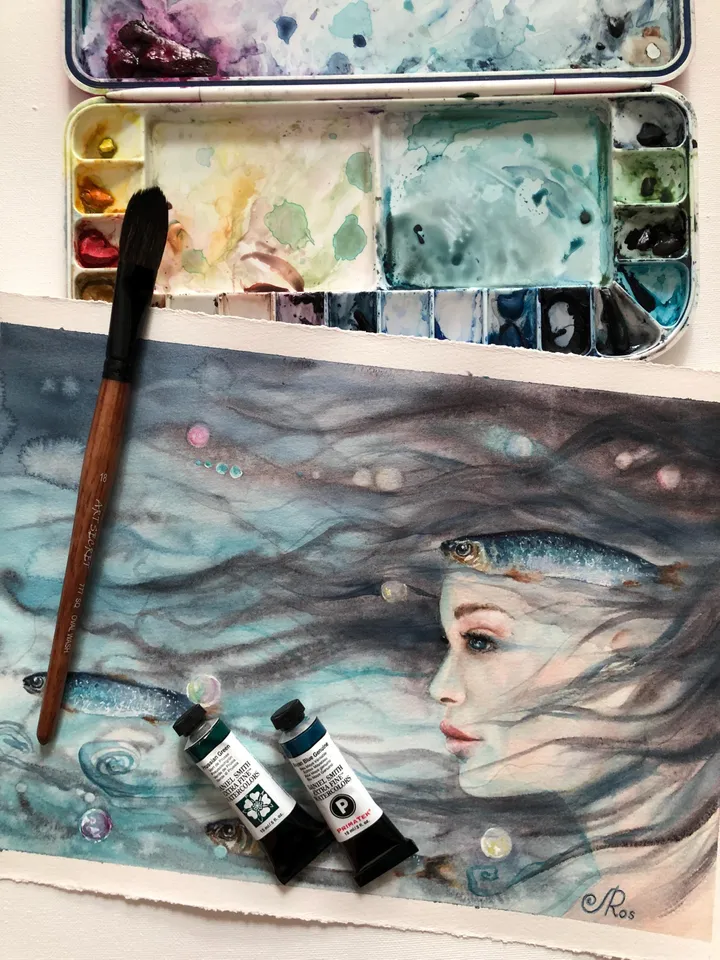 Mermaid Original Painting Woman Watercolor Artwork
