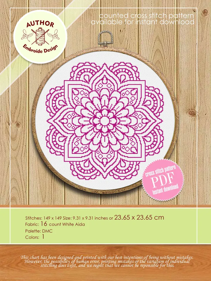 Flower mandala cross stitch pattern download PDF Monochrome floral ornament cross stitch chart, Easy mandala embroidery DIY Home decor #M138