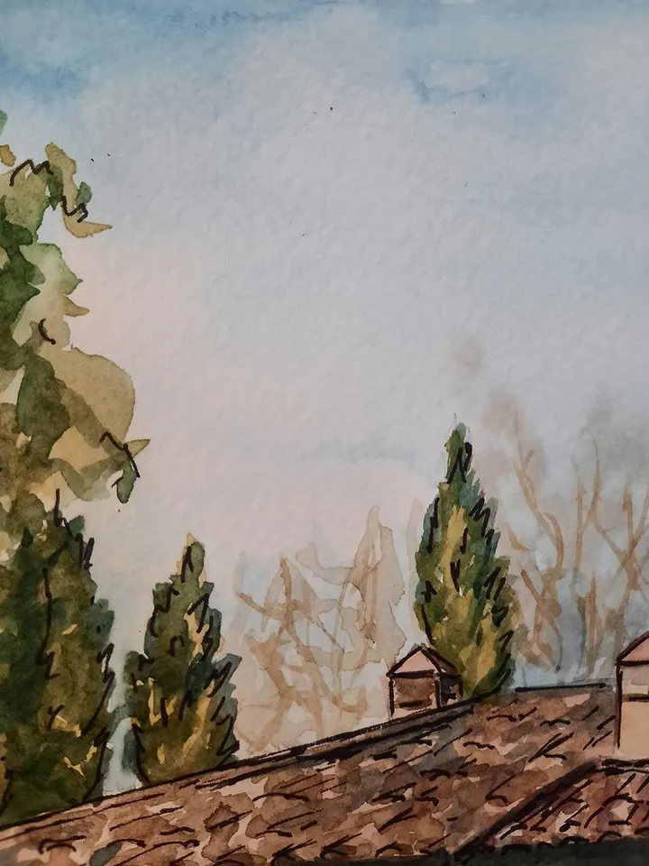 Original Watercolor painting Landscape Old castle Italy painting House painting