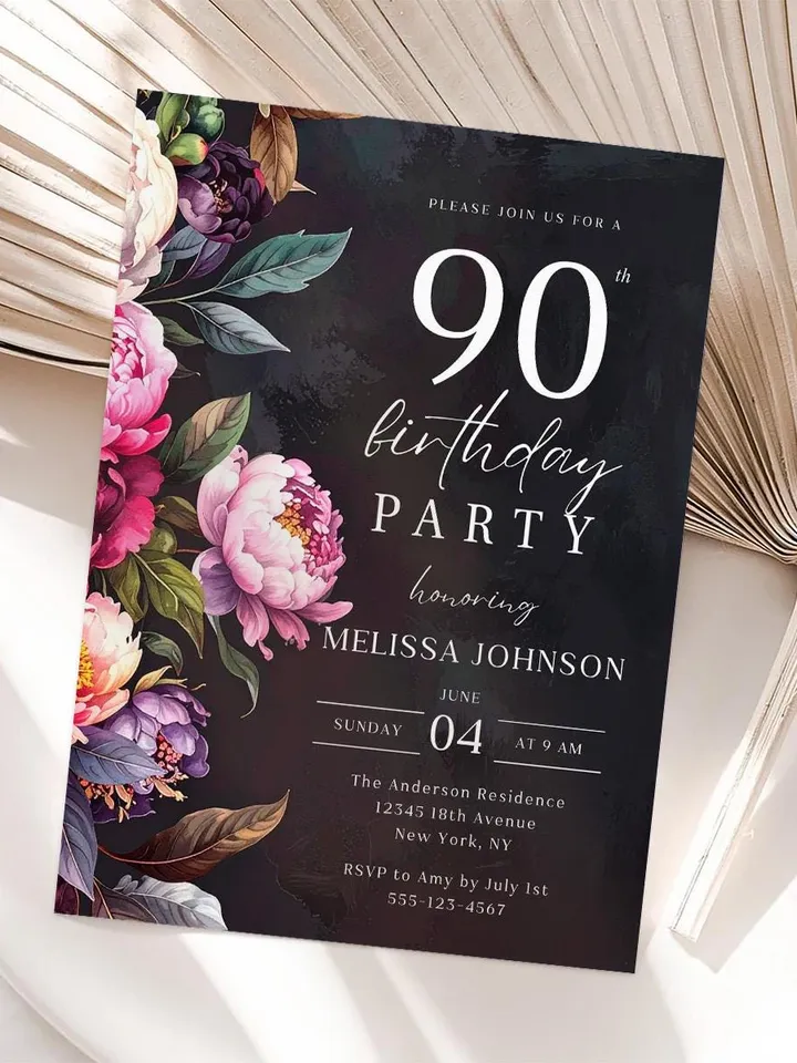 90th Birthday Invitation for women – Moody Burgundy & Blush Peony Floral Invitation, Elegant Dark Men Birthday Party Invite Canva Template