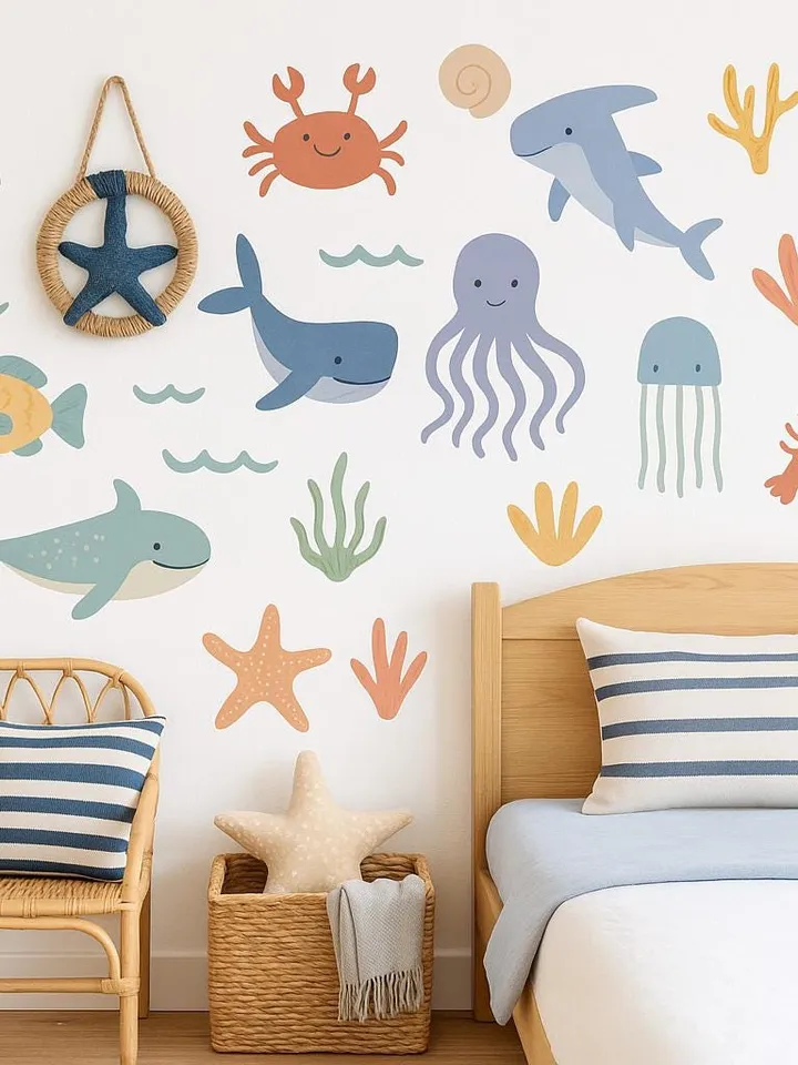 Ocean Animal Wall Decals – Watercolor Sea Life Stickers, Removable & Reusable Vinyl Art for Nursery, Kids Room, Bathroom Beach Decor z3340