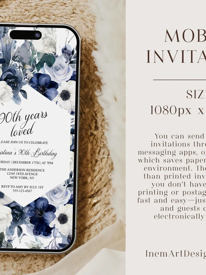 90th Birthday Invitations, Printable 90th Birthday Party Invitation, Navy Blush Floral 90th, 95th Birthday Invite - i133(2)