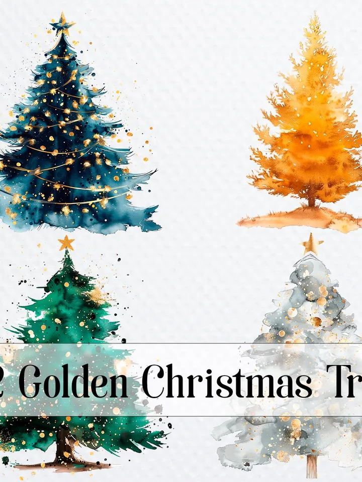 12 Golden Christmas Tree PNG Bundle, Christmas Card, Printable Watercolor clipart for sublimation, Digital download, Winter Paper craft