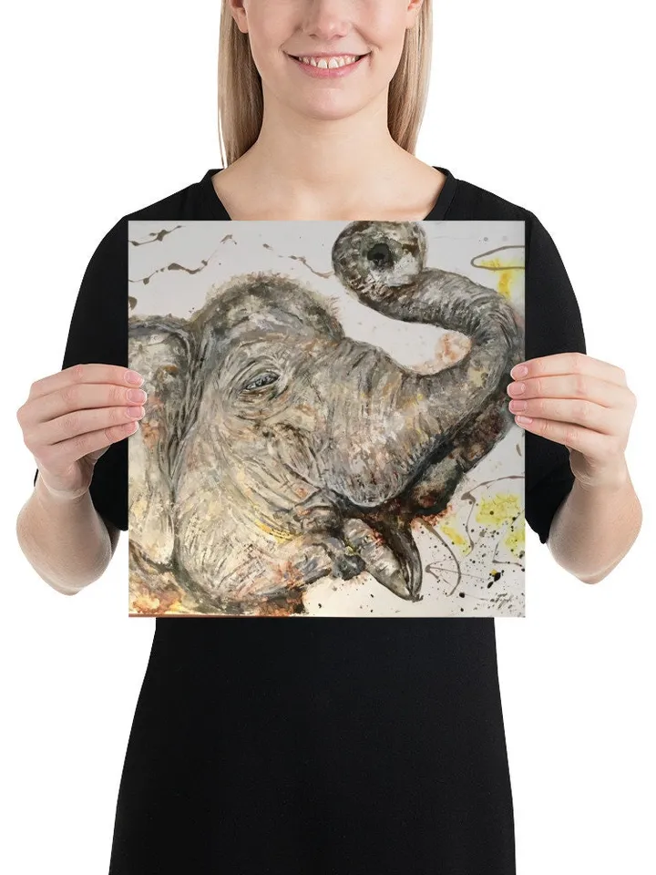 White Elephant Poster made with my original watercolour mix media painting on yupo paper,unique handmade artwork,home decoration.