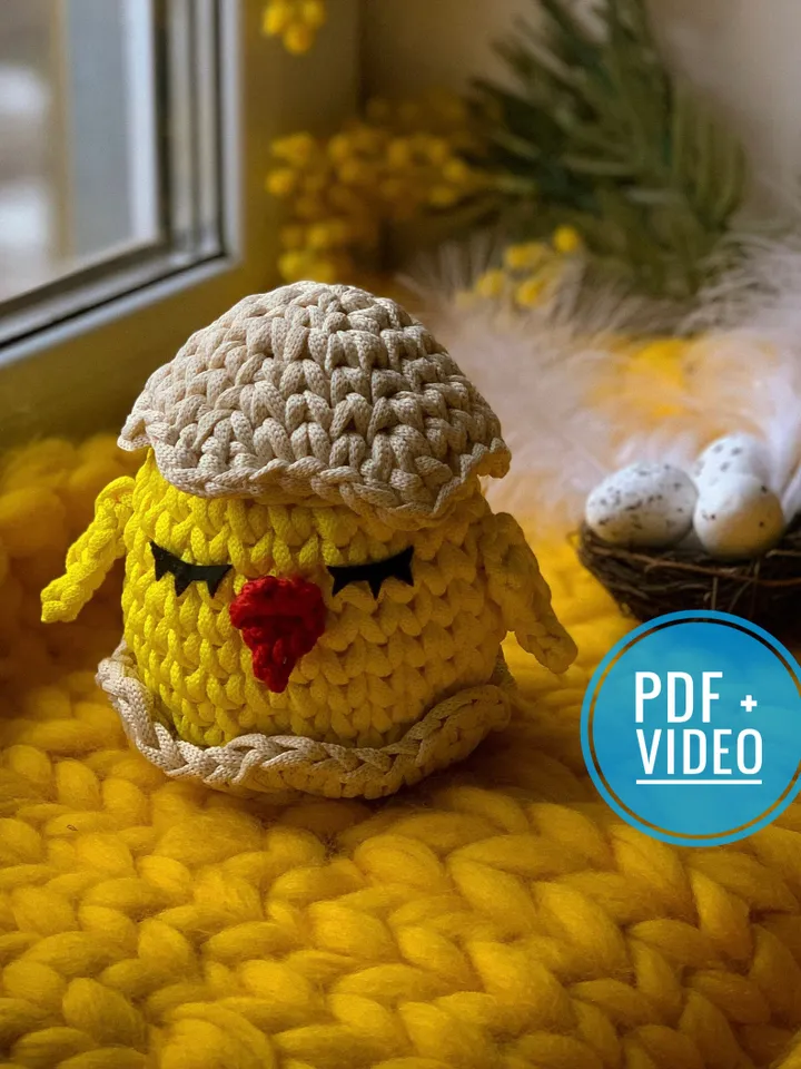 Crochet pattern basket chicken PDF digital instant download, video tutorial, Easter ornament, basket with lid, storage, table decor