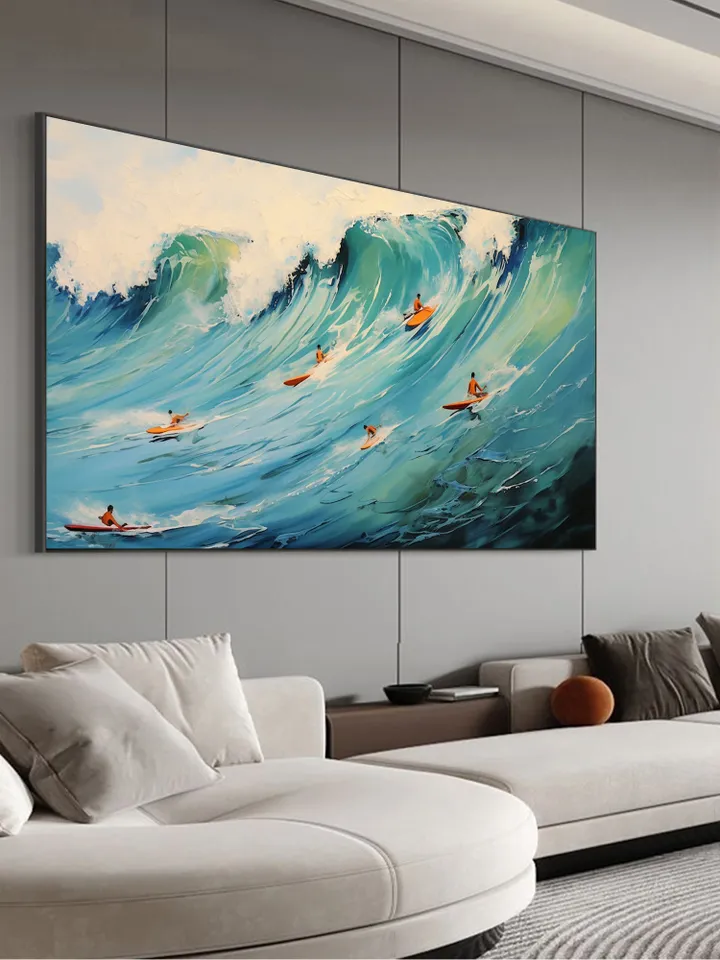 Original Surf Painting on Canvas, Custom Painting, Large Wall Art Personalized Gift, Blue Ocean Waves Nature Scenery Art, Bedroom Wall Decor