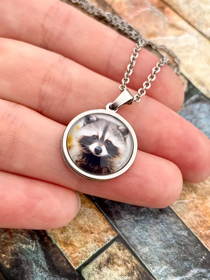 Racoon necklace, steel pendant with glass, racoon lover gift