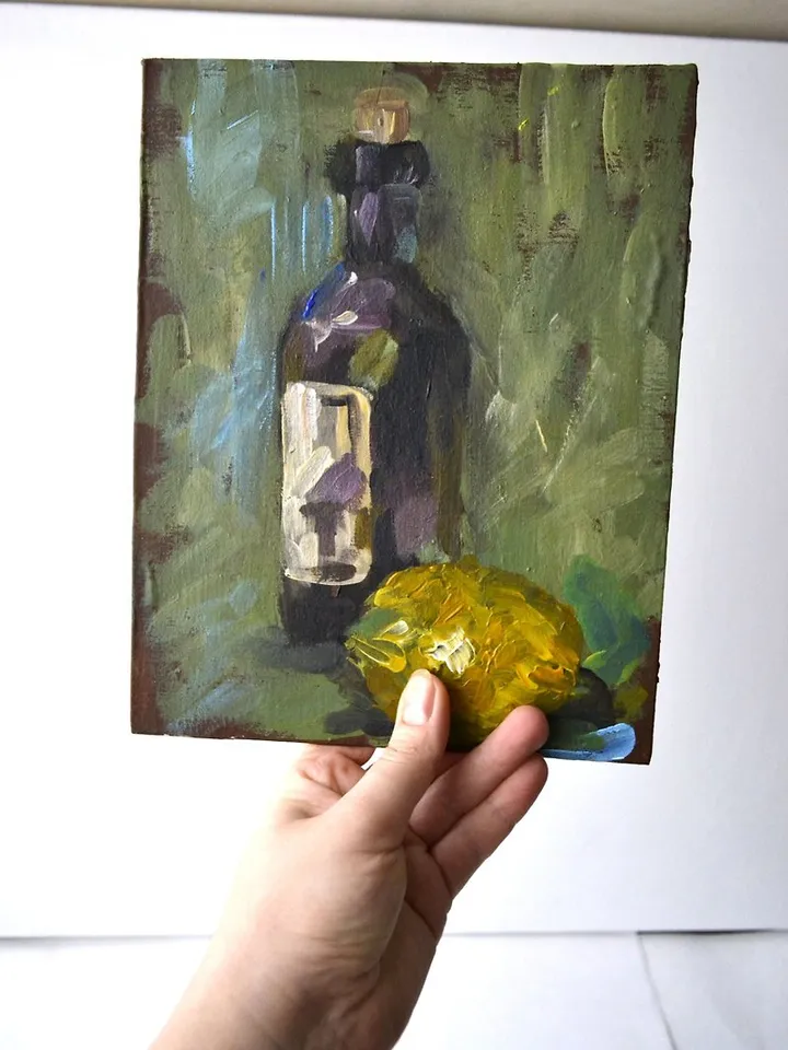 Wine Painting Lemon Original Impasto Painting Wine Bottle Art
