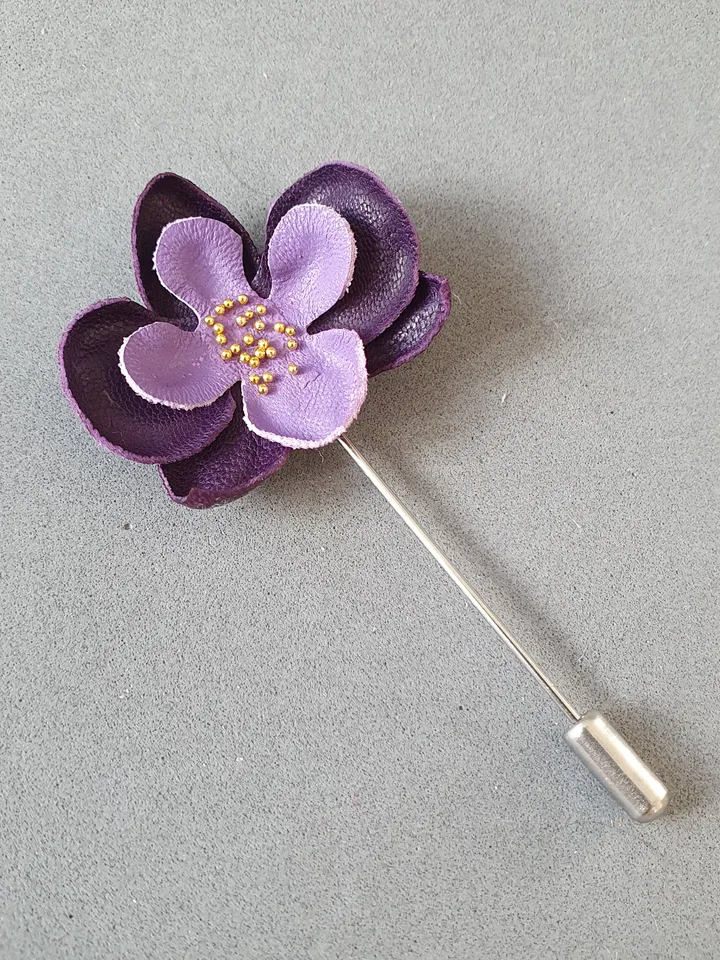 Violet orchid men's lapel pin Leather boutonniere for him 3rd anniversary gift, art.27