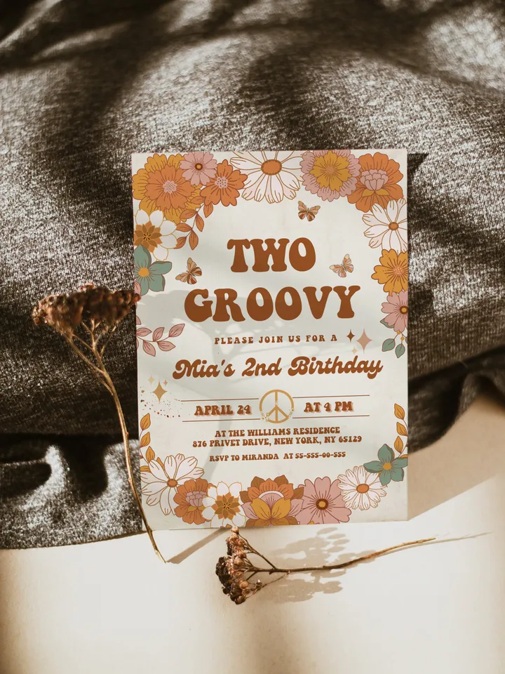 Two Groovy Baby Editable Any Age Pink Groovy Van Daisy Rainbow Hippie Birthday Invitation Let's get Groovy 1st Birthday Invitation ; gr4