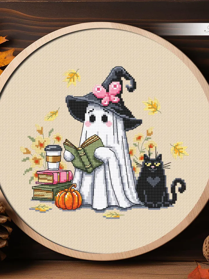Cute ghost cross stitch pattern PDF download Ghost witch cross stitch chart, Halloween pattern digital PDF, Ghost reading, Black cat #H85