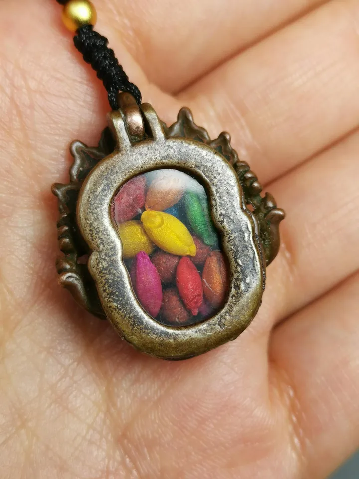 Gandhanra Antique Tibetan Gau Box Amulet,Unique Citipati Skull Ghau Shrine,Mini Tibetan Buddhist Altar Necklace with Colorful Offerings