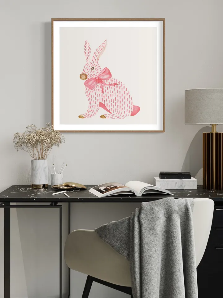 Pink Rabbit Watercolor Painting, Chinoiserie Rabbit, Pink Bunny Nursery, Baby Easter, Chinoiserie Bow Art, Pink Bow Art, Girls Room Decor