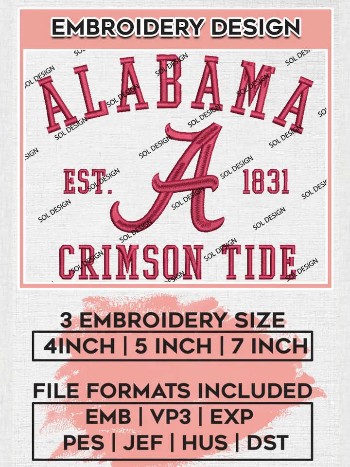 Alabama Crimson Tide Team Est 1831 Logo Embroidery Design Files, NCAA Alabama Crimson Tide Machine Embroidery, NCAA Teams, 3 sizes, NCAA Machine embroidery designs, Digital Download