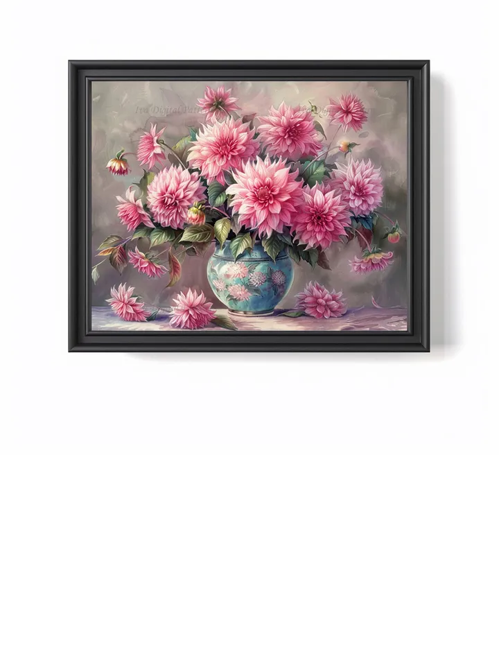 Bouquet of pink dahlias in a vase watercolor drawing, digital illustration, digital painting , wall art decoration. AI