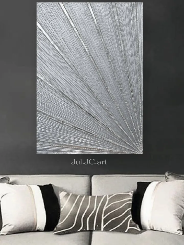 Glittery Silver Painting Textured artwork Abstract Wall Art with crystals Silver wall decor by Juliya JC