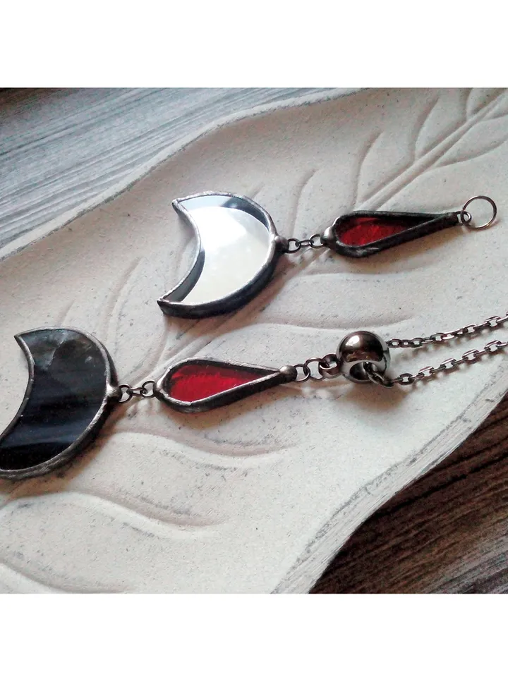 Mirror crescent necklace, blood moon necklace, black lilith, soldered crescent, Halloween moon, witchy aesthetic