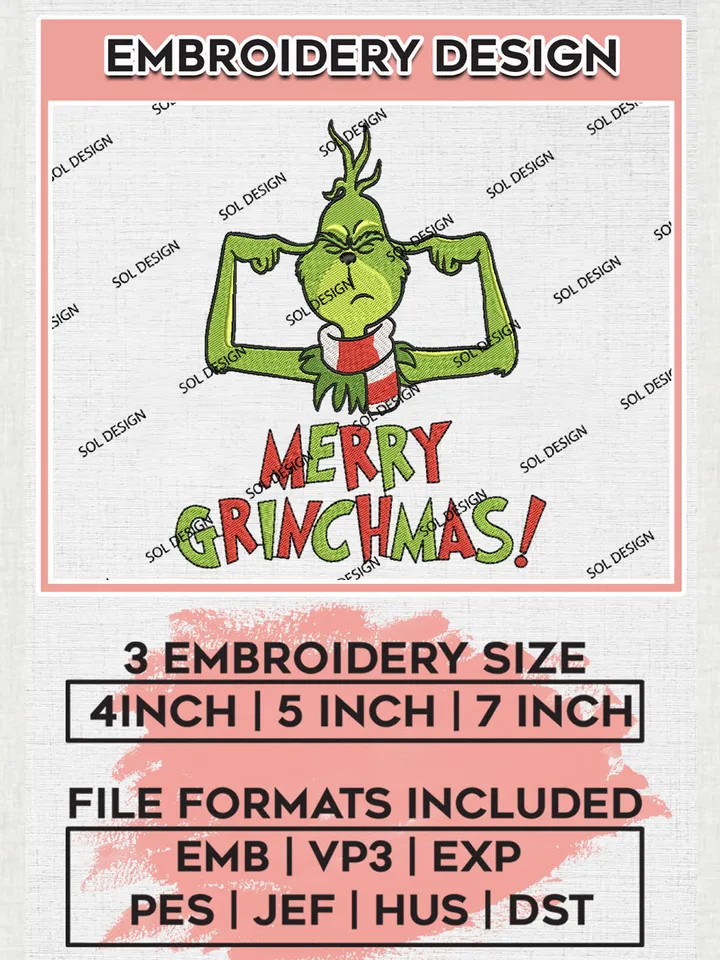 Merry Grinchmas Embroidery Design Files, Grinch Machine Embroidery, Green Grinch Face Embroidery, 3 sizes, Cute Christmas Machine embroidery designs, Digital Download