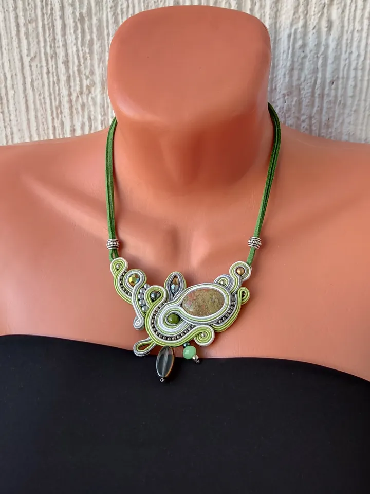 Green Statement Necklace with Unakite Stone, Soutache embroidered necklace with natural stone