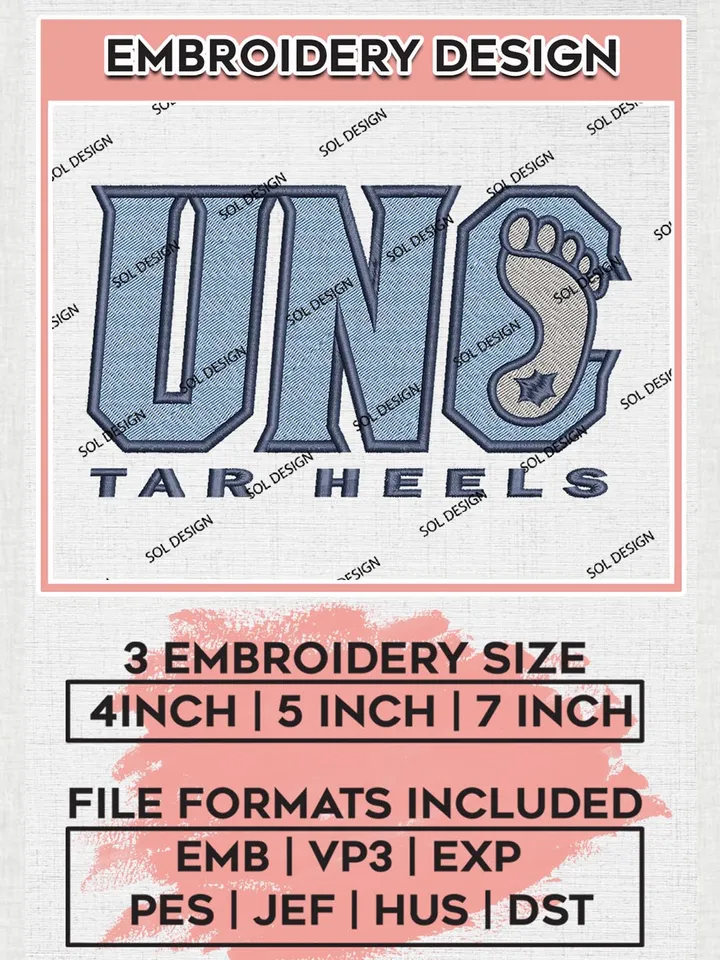 NCAA UNC Tar Heels Team Logo Embroidery Design Files, NCAA North Carolina Tar Heels Machine Embroidery, NCAA Teams, 3 sizes, NCAA Machine embroidery designs, Digital Download