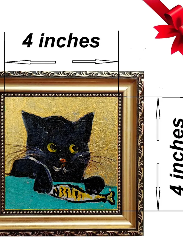 Mini painting a black cat and sardine painting framed 4x4 in Original Handmade painting Gift by ArtProkopaloSv
