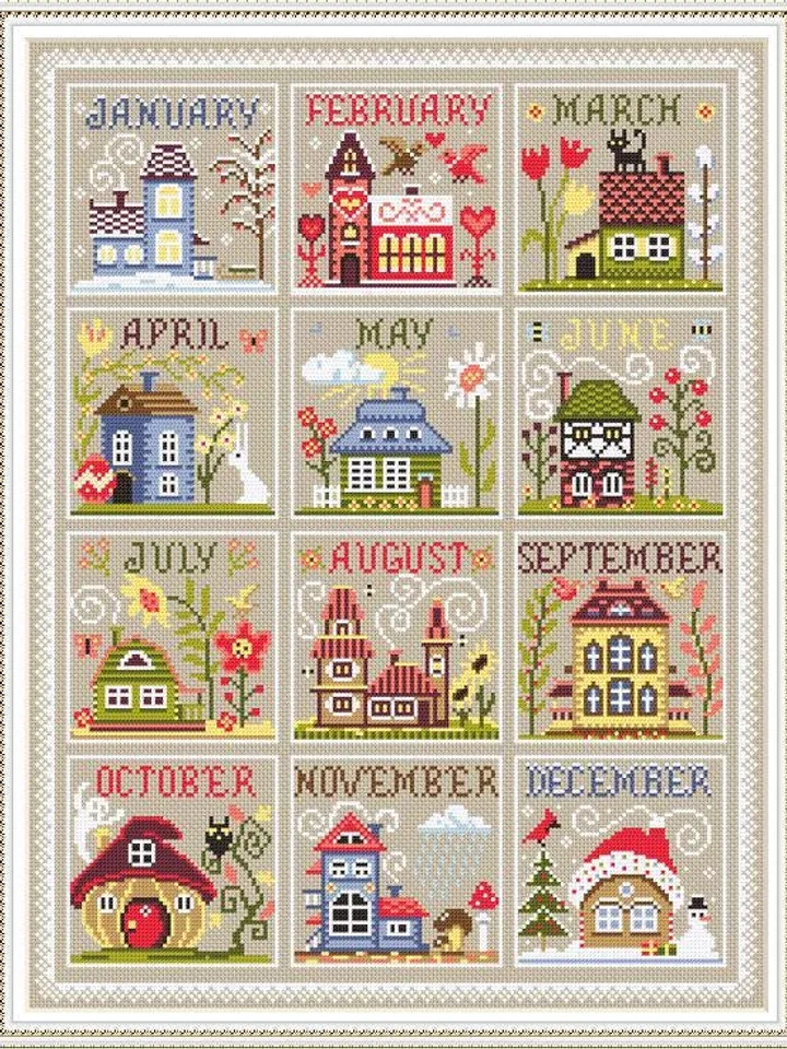 House calendar cross stitch pattern PDF download House seasons cross stitch chart, Cute house pattern digital PDF, Holiday cross stitch #T38