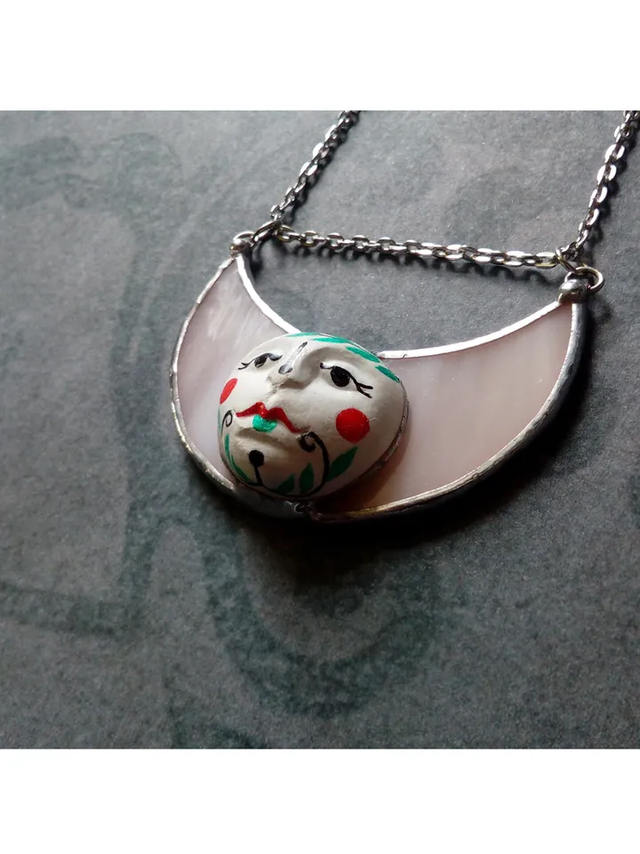 Stained glass moon, Moon Goddess, Moon phase necklace, Stainglass crescent, Full moon pendant, Moon face necklace