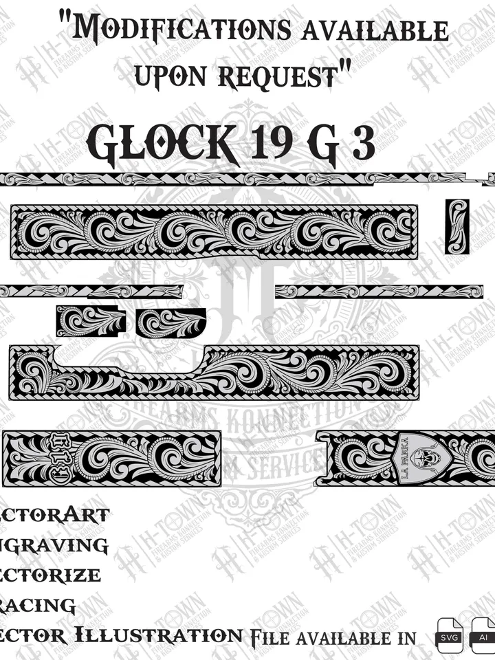 Glock 19 Gen 3 Engraving Scroll Vector | Ornamental Grip Design | Full Slide Svg Png AI EPS | Custom Laser Template