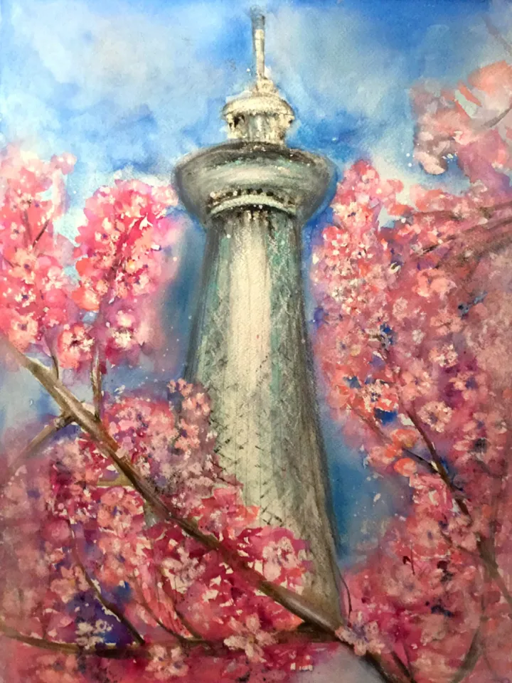Japan painting,Tokio painting,original watercolour,pastel painting,sakura flowers wall art.