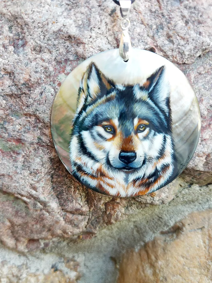Pearl pendant necklace: Wild Wolf painted on dainty jewelry pendant. Statement unisex necklace for nature lovers. Stylish wilderness spirit