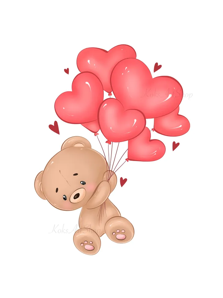 Teddy Bear PNG, Valentine’s Day clipart, Valentine’s Day postcard, Teddy Bear love clipart, Teddy Bear with balloons, Kids clothes print