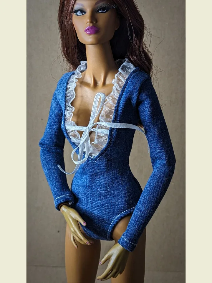 Handmade blue denim bodysuit for 16-inch Fashion Royalty dolls (FR16)