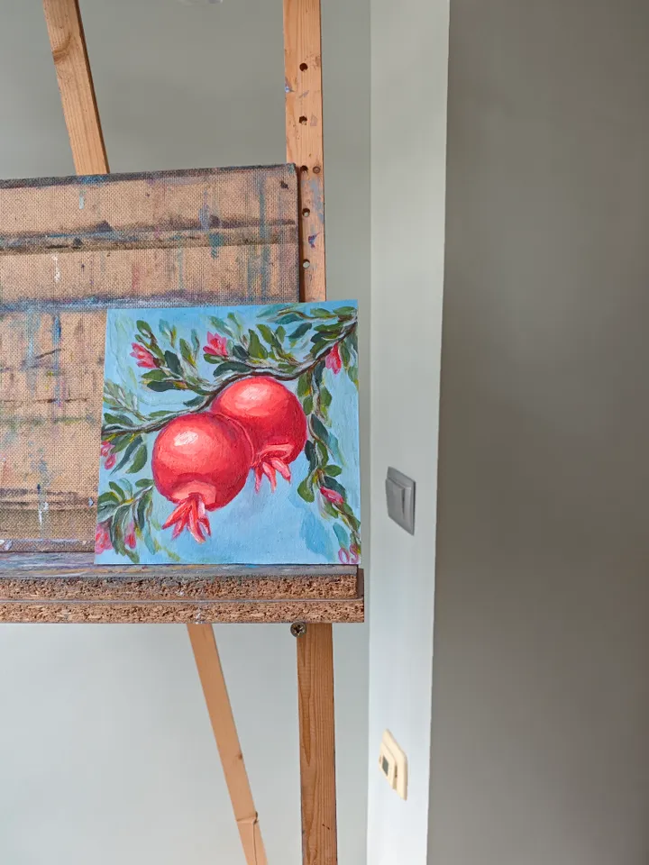 Pomegranate Original Painting Fruit Original Art Red Pomegranate Modern Artwork Red Fruit Wall Painting 8x8 inches by OlgaSokolova Art
