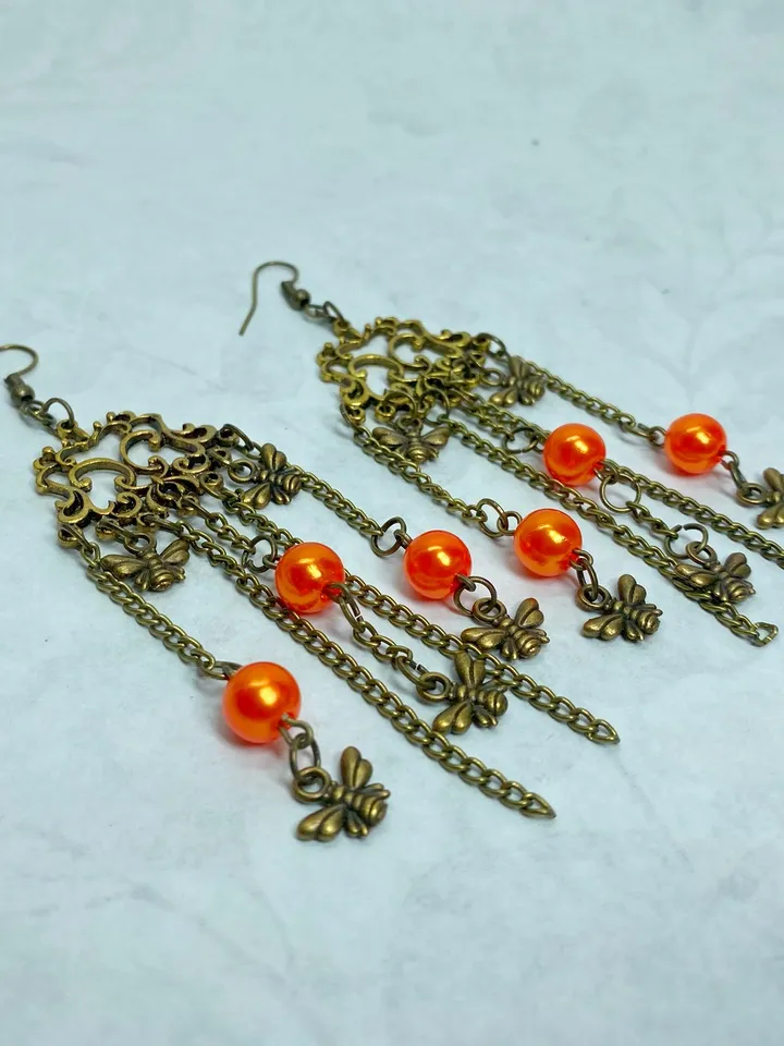 Vintage earrings with fly pendants. Interesting design. Handmade.