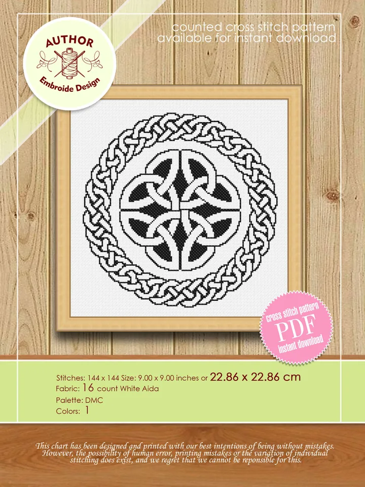 Celtic knot cross stitch pattern download PDF Mandala pattern digital PDF, Monochrome cross stitch chart, Celtic embroidery, Home decor #M70